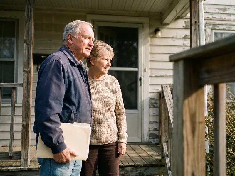 An older couple stand together on the back porch of a house, one of them holding a folder.