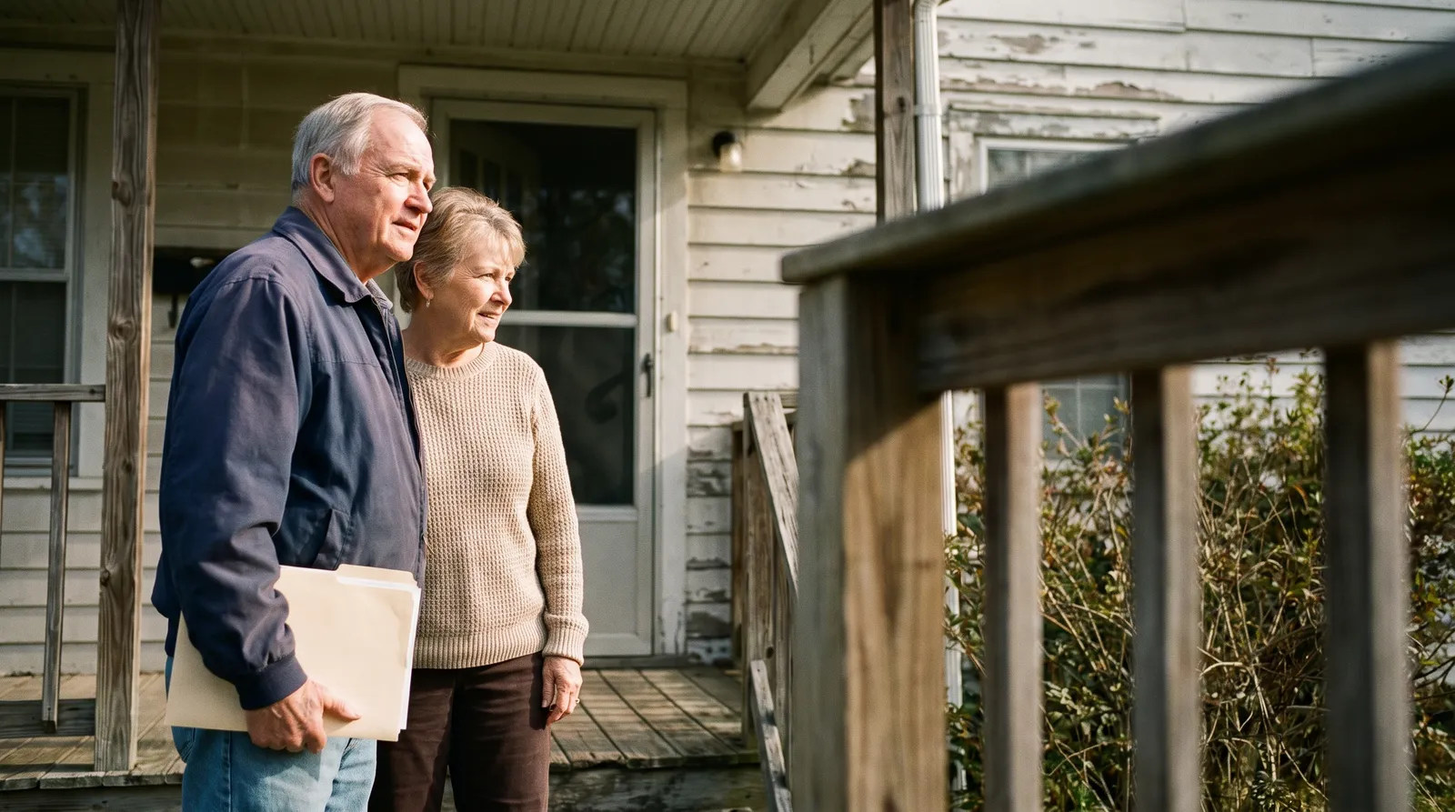 An older couple stand together on the back porch of a house, one of them holding a folder.