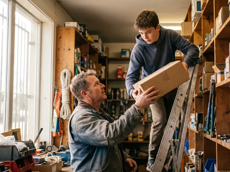 A young man on a ladder hands a box down to an older man in a hardware store stockroom.