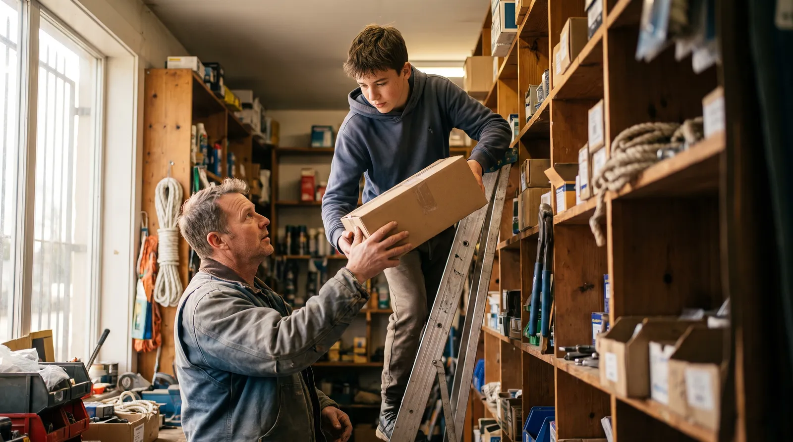 A young man on a ladder hands a box down to an older man in a hardware store stockroom.