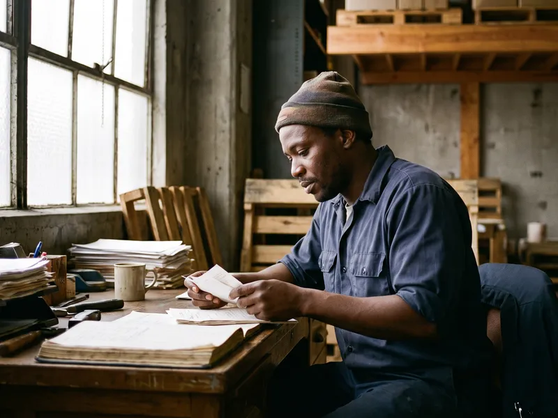 A man in a beanie sits at a cluttered desk in a warehouse, reading a slip of paper.