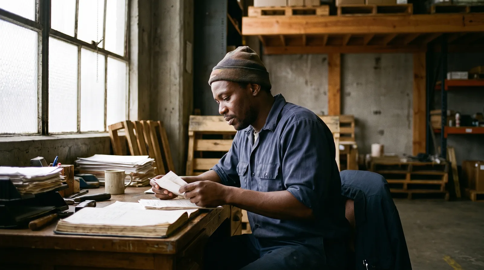 A man in a beanie sits at a cluttered desk in a warehouse, reading a slip of paper.