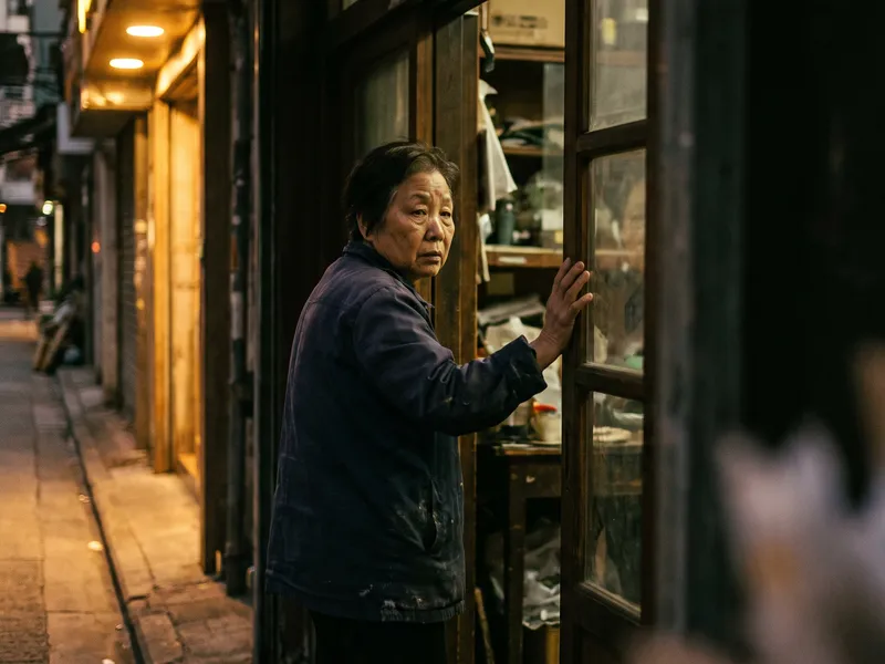 An older woman locks the glass door of her shop at dusk in a narrow lane.