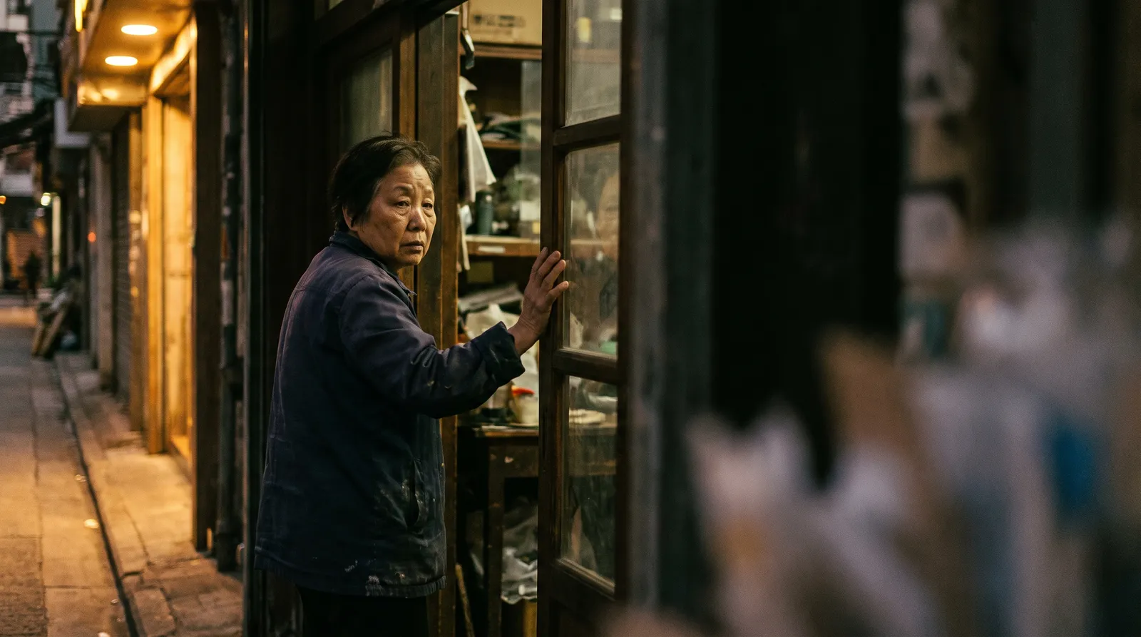 An older woman locks the glass door of her shop at dusk in a narrow lane.
