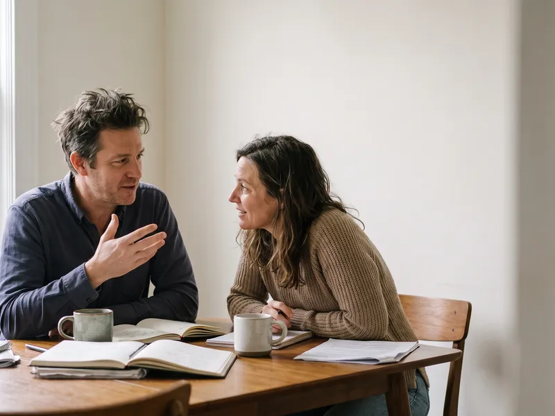 A man and a woman sit at a dining table with notebooks and coffee, mid conversation.