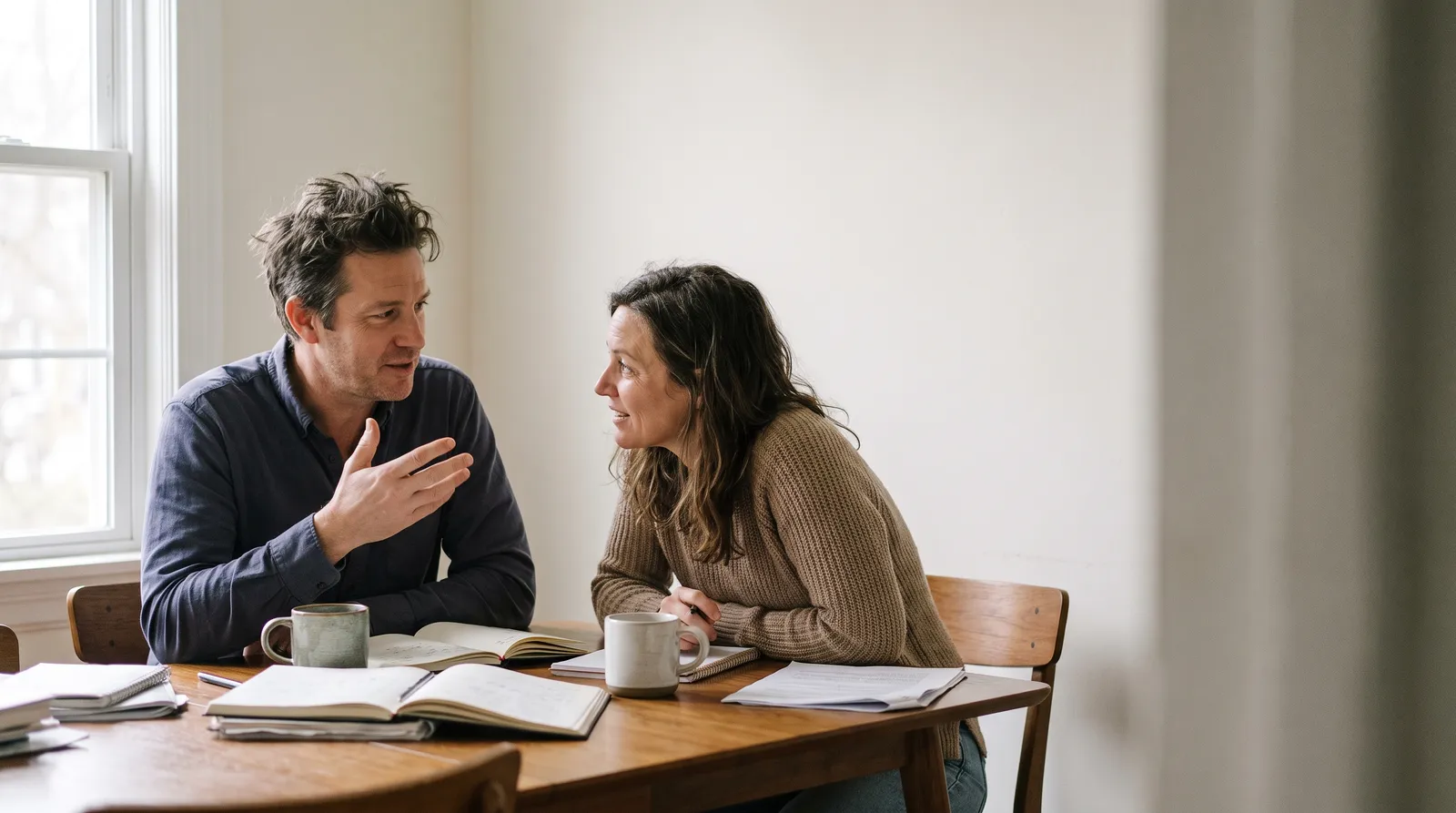 A man and a woman sit at a dining table with notebooks and coffee, mid conversation.