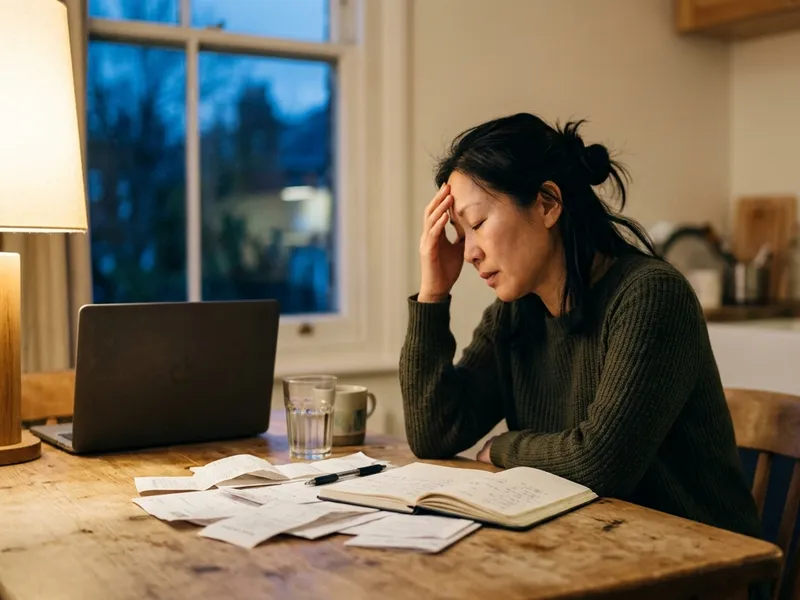 A woman sits at a kitchen table at night with a laptop, a ledger and loose receipts, her hand at her forehead.