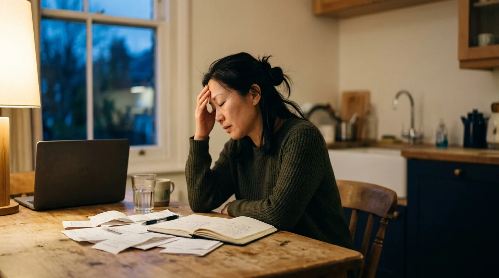 A woman sits at a kitchen table at night with a laptop, a ledger and loose receipts, her hand at her forehead.