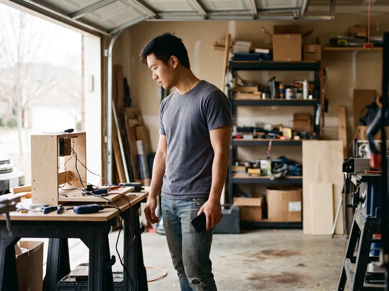 A young man stands in an open garage workshop, looking at a half-finished build on the bench.