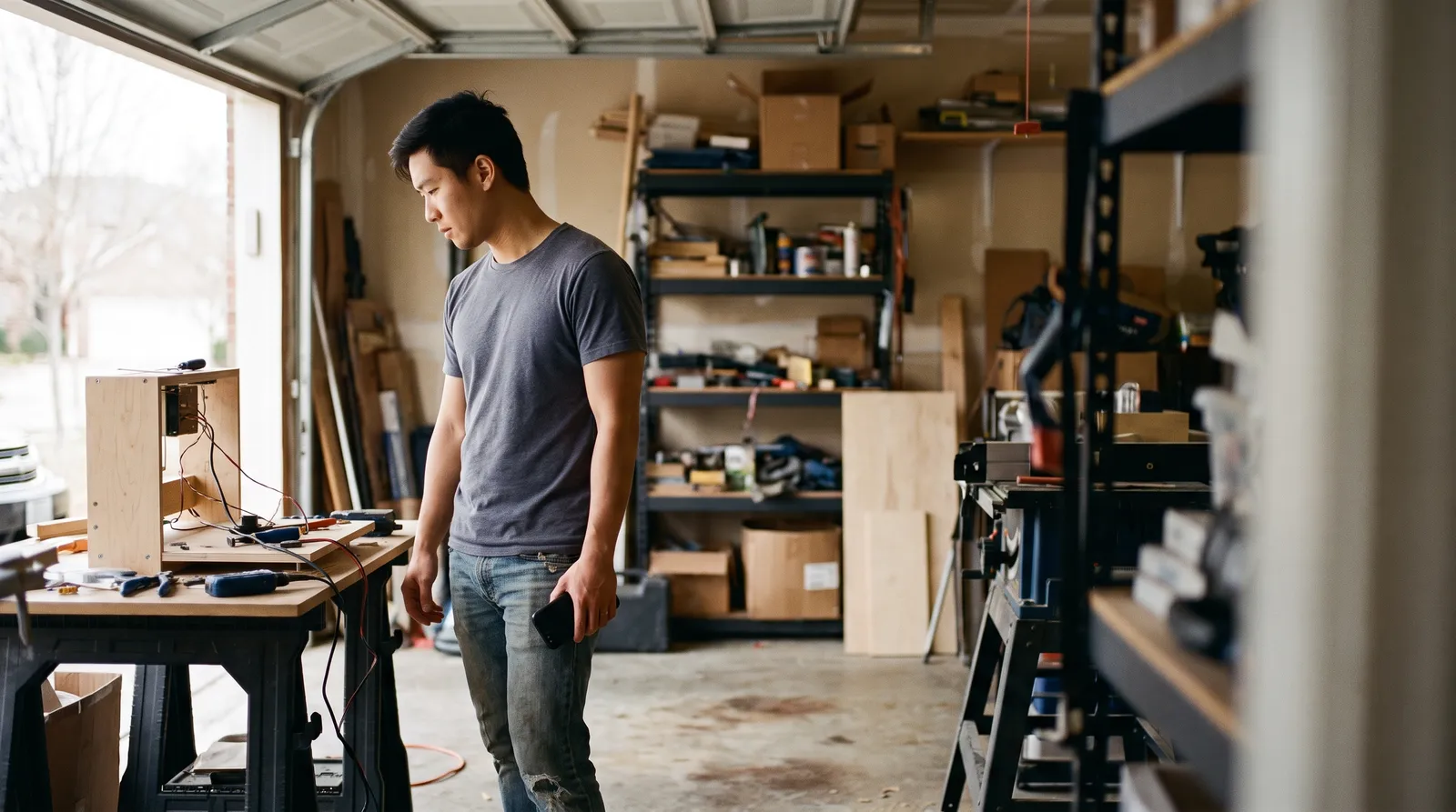 A young man stands in an open garage workshop, looking at a half-finished build on the bench.