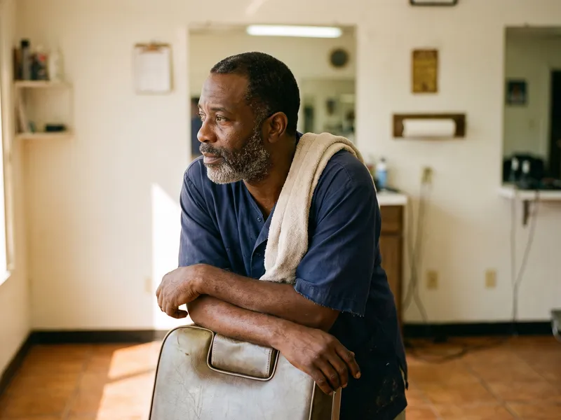 A barber with a towel over his shoulder leans on the back of his chair, looking towards the window.