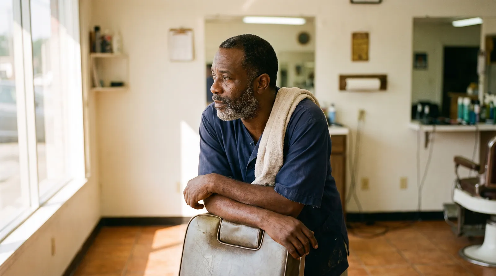 A barber with a towel over his shoulder leans on the back of his chair, looking towards the window.