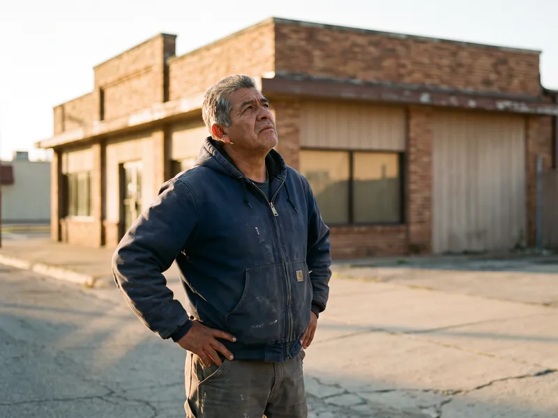 A man in a work jacket stands with a hand on his hip in an empty lot beside a low brick building.