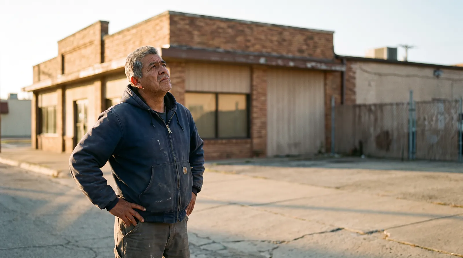 A man in a work jacket stands with a hand on his hip in an empty lot beside a low brick building.