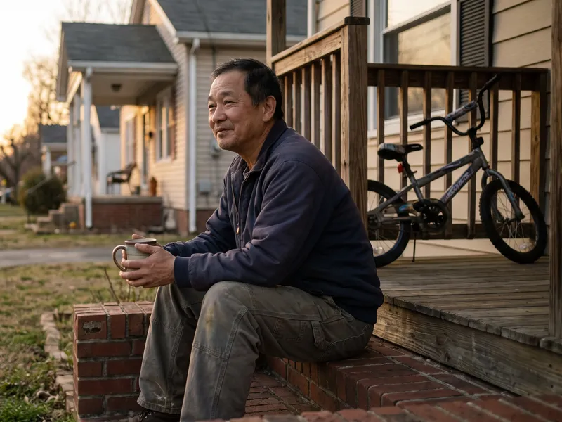 A man sits on the front steps of a house at dusk holding a cup, a child's bike behind him.
