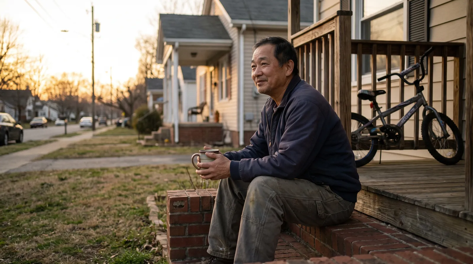 A man sits on the front steps of a house at dusk holding a cup, a child's bike behind him.