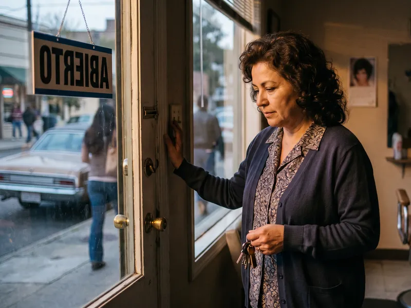 A woman unlocks the front door of her salon, an Abierto sign hanging in the glass.