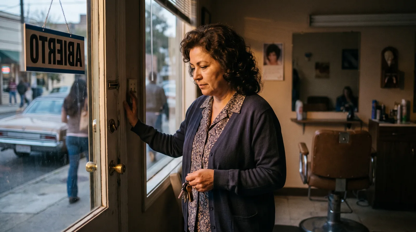 A woman unlocks the front door of her salon, an Abierto sign hanging in the glass.