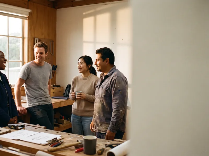 Four colleagues stand talking around a workbench in a sunlit workshop.