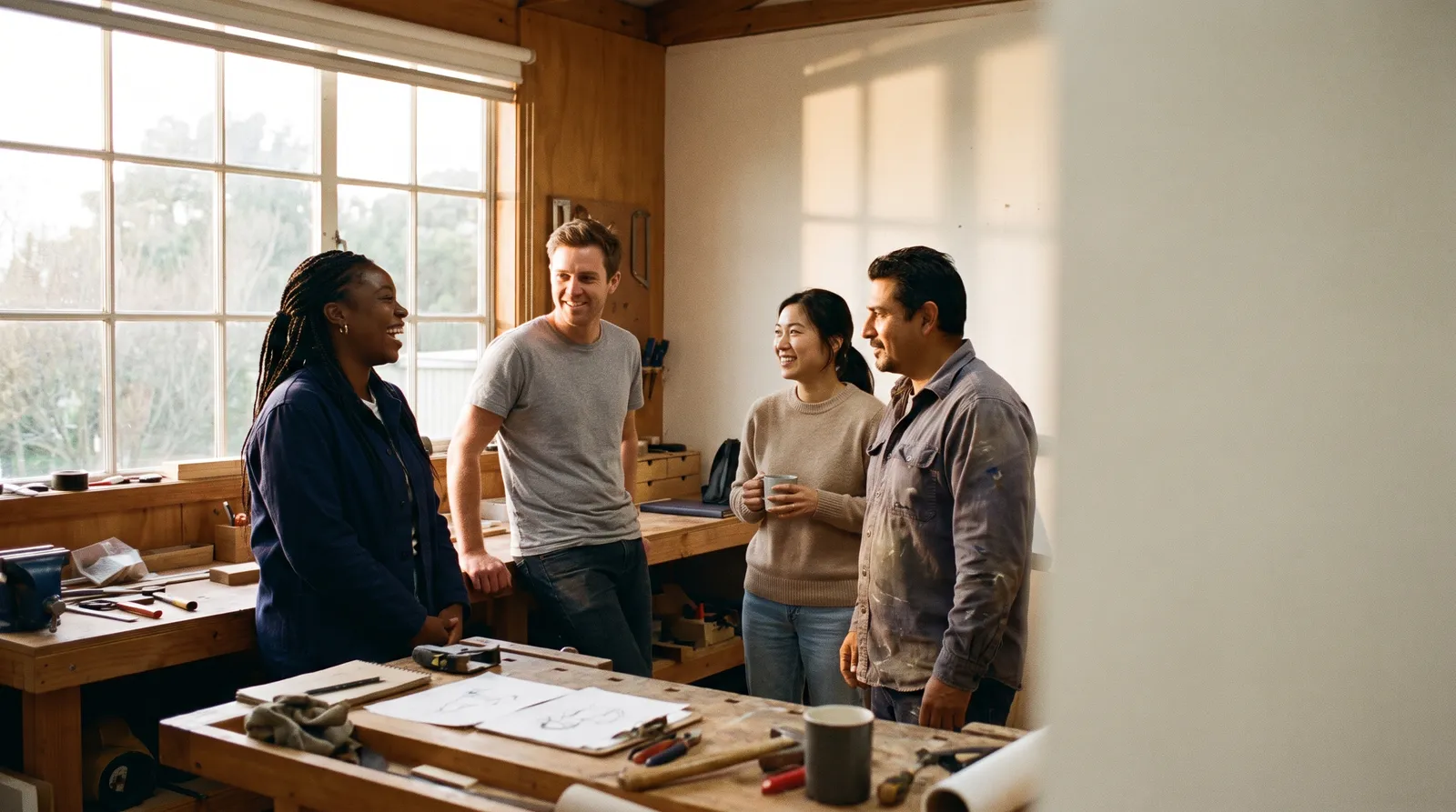 Four colleagues stand talking around a workbench in a sunlit workshop.
