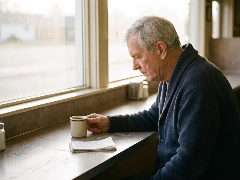 An older man sits at a diner counter with a coffee and a folded note, looking down.