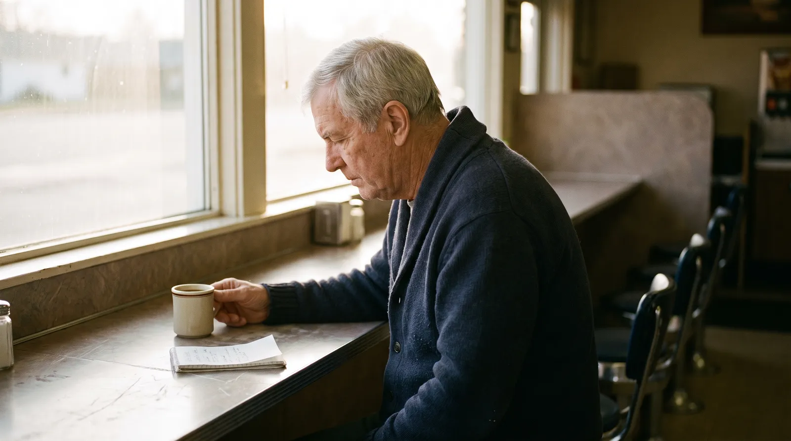 An older man sits at a diner counter with a coffee and a folded note, looking down.