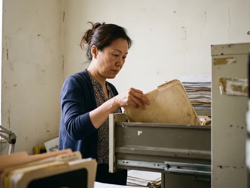 A woman stands at an open filing drawer, lifting out a worn folder.