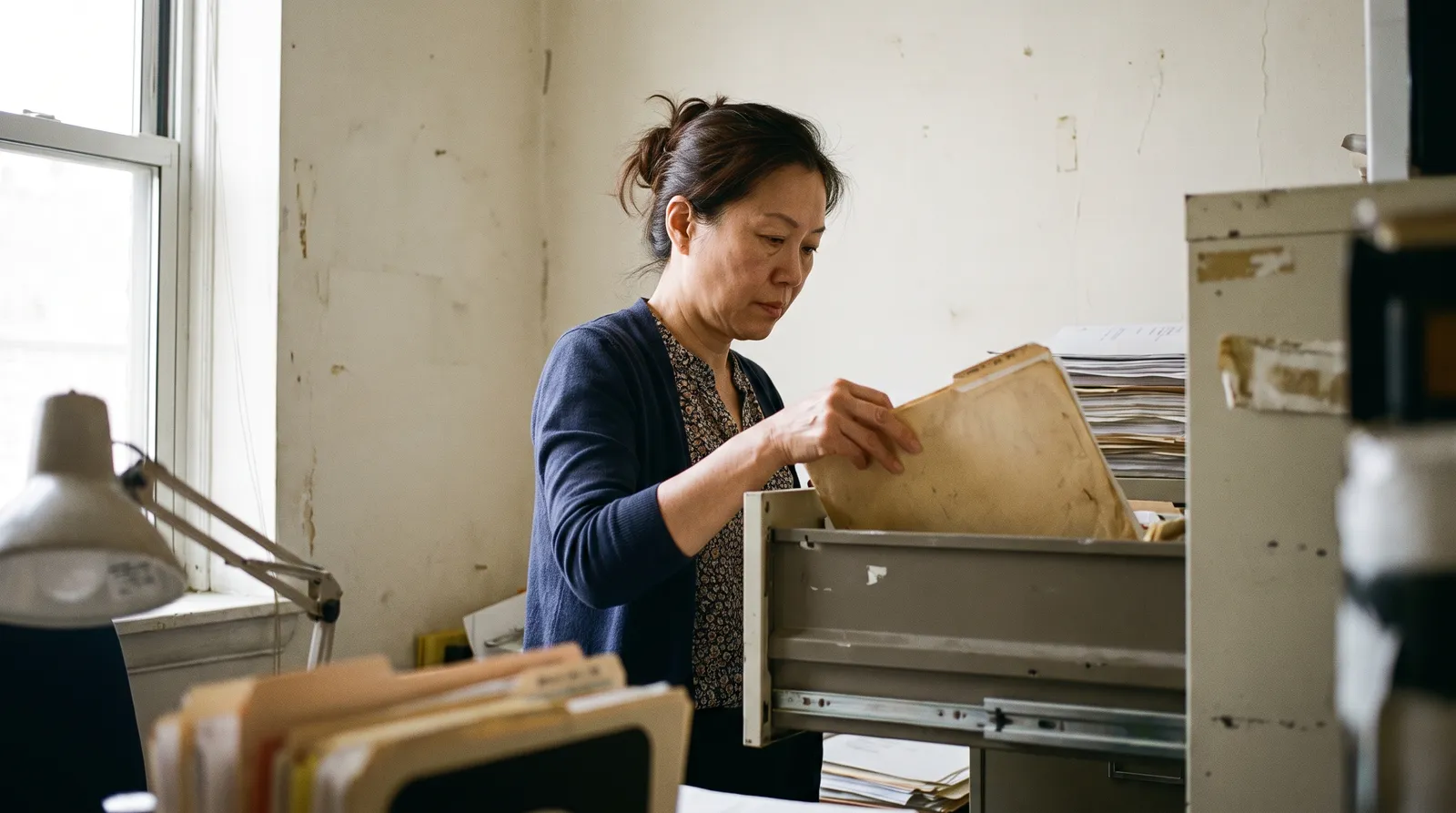 A woman stands at an open filing drawer, lifting out a worn folder.