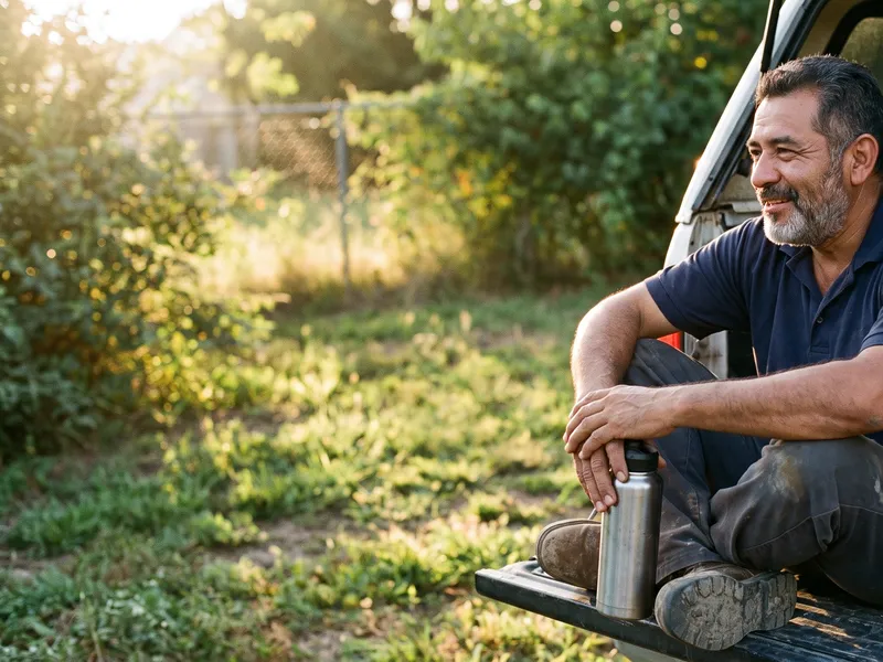 A man sits on the open tailgate of a truck in a sunlit yard, a flask beside him, taking a break.