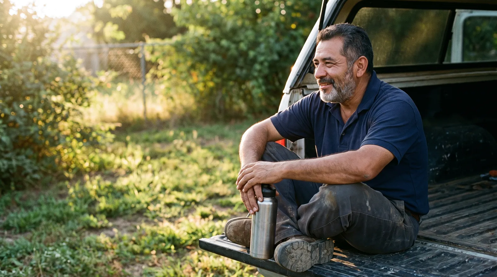 A man sits on the open tailgate of a truck in a sunlit yard, a flask beside him, taking a break.