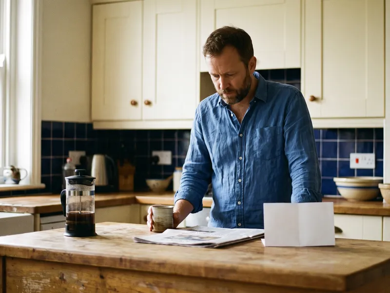 A man stands at a kitchen island with a coffee press, a laptop and an unopened envelope.