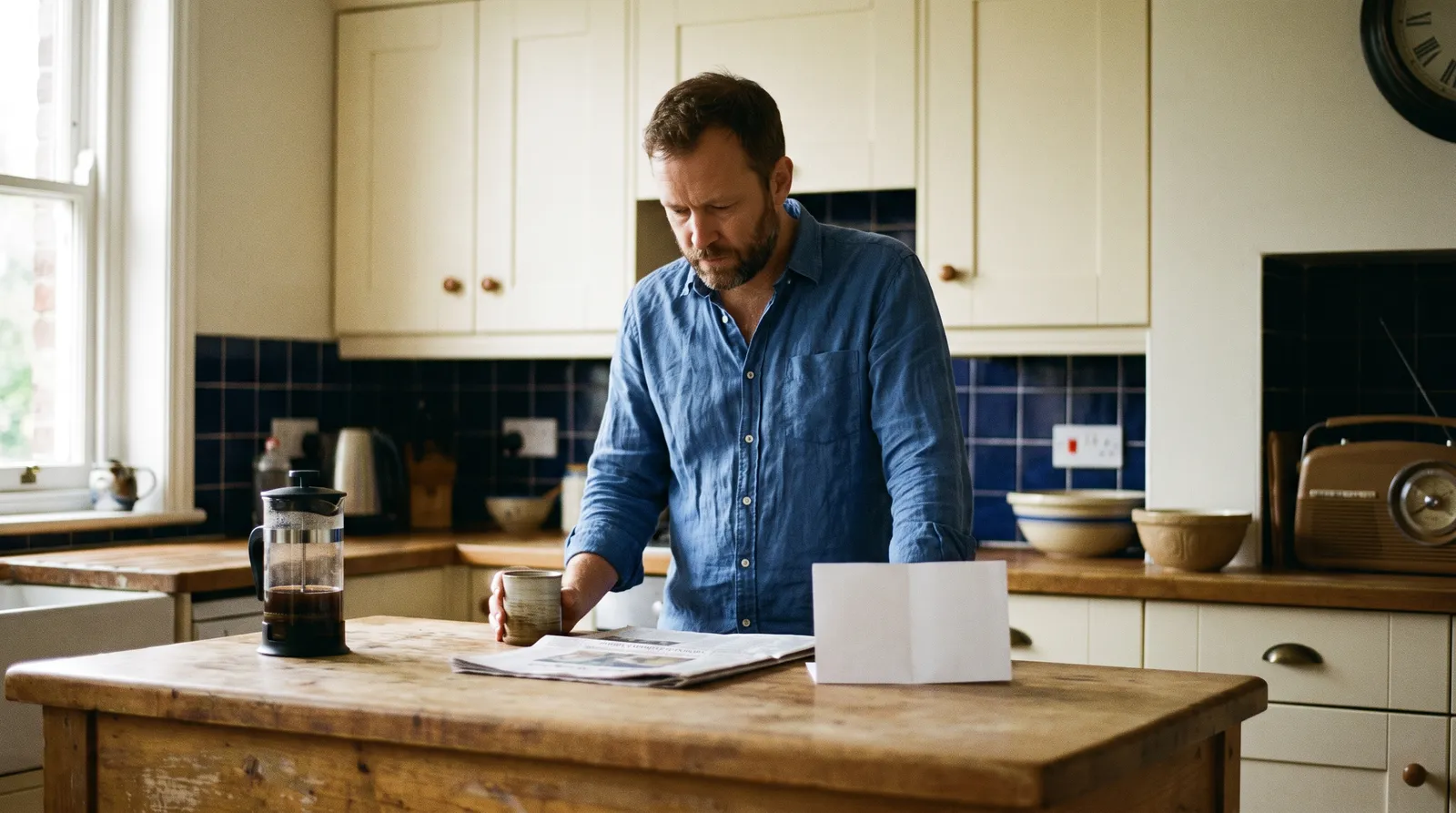 A man stands at a kitchen island with a coffee press, a laptop and an unopened envelope.