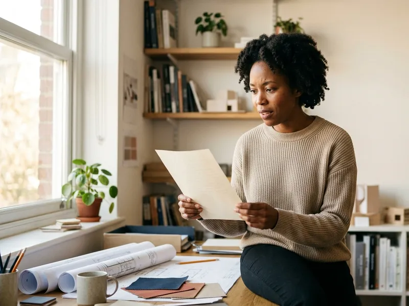 A woman in a cream sweater leans against a desk by a window, reading a single sheet of paper.