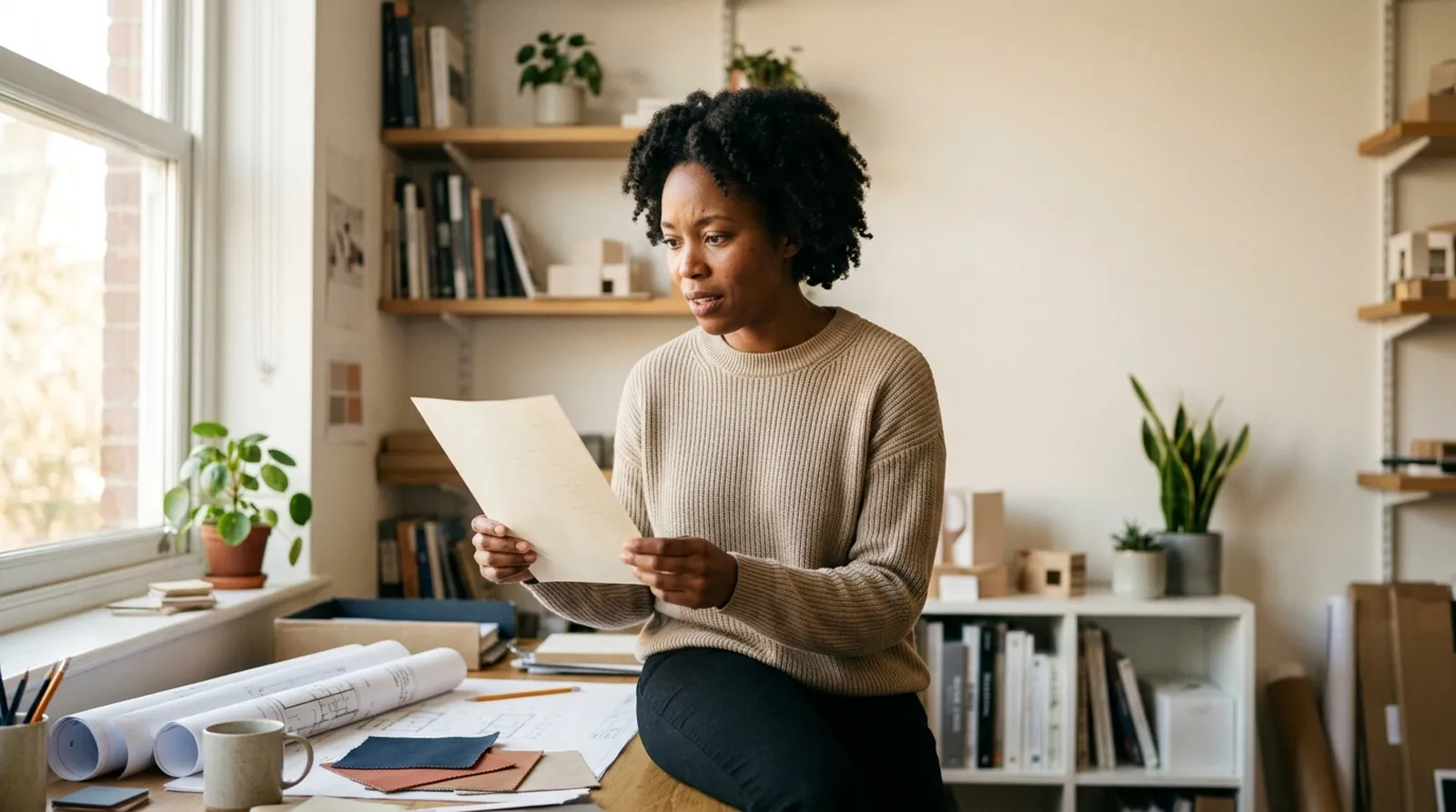 A woman in a cream sweater leans against a desk by a window, reading a single sheet of paper.