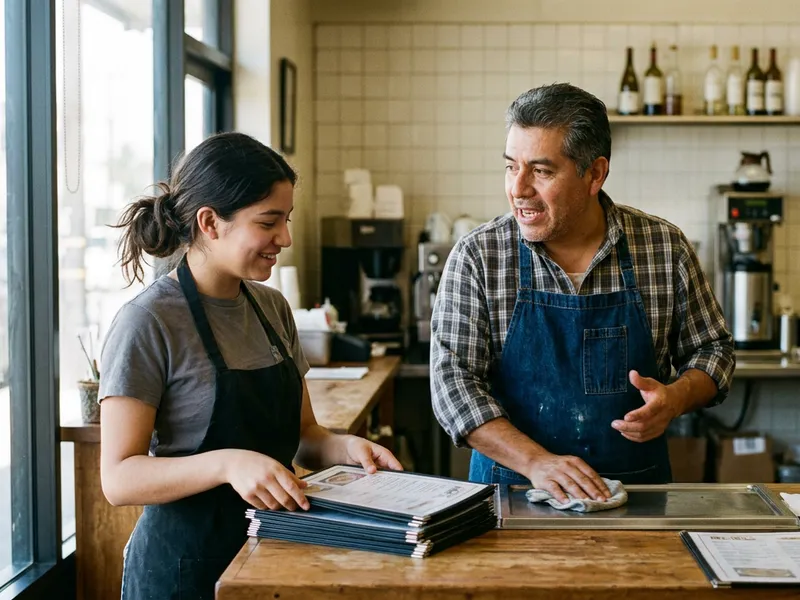 A young woman in an apron sets down a stack of trays while an older man in an apron talks to her across a cafe counter.