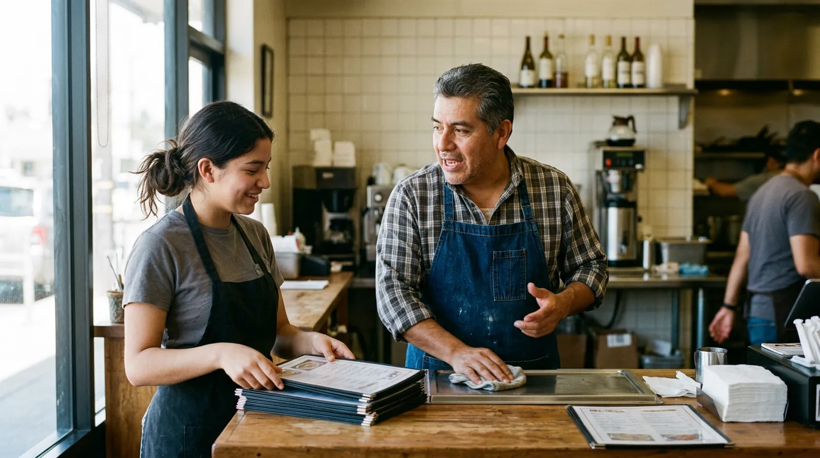 A young woman in an apron sets down a stack of trays while an older man in an apron talks to her across a cafe counter.