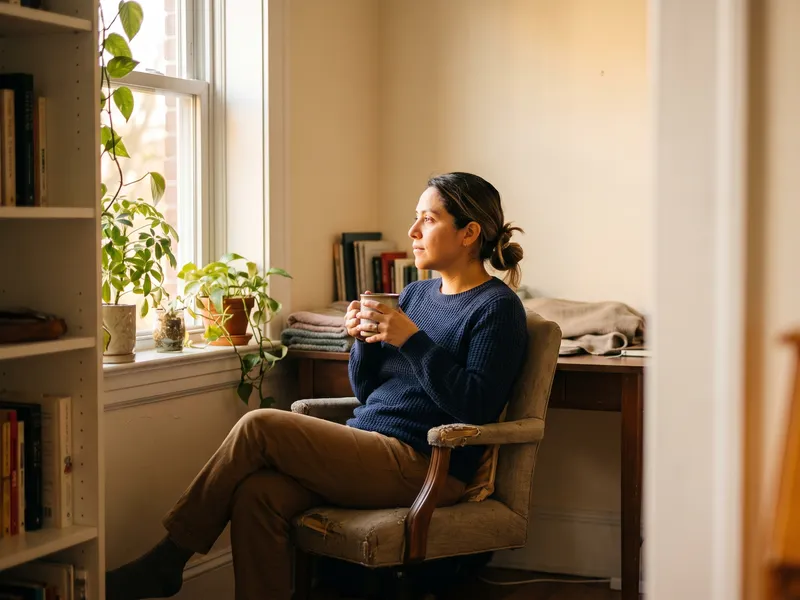 A woman sits in an armchair by a window with a mug, a small writing desk behind her.