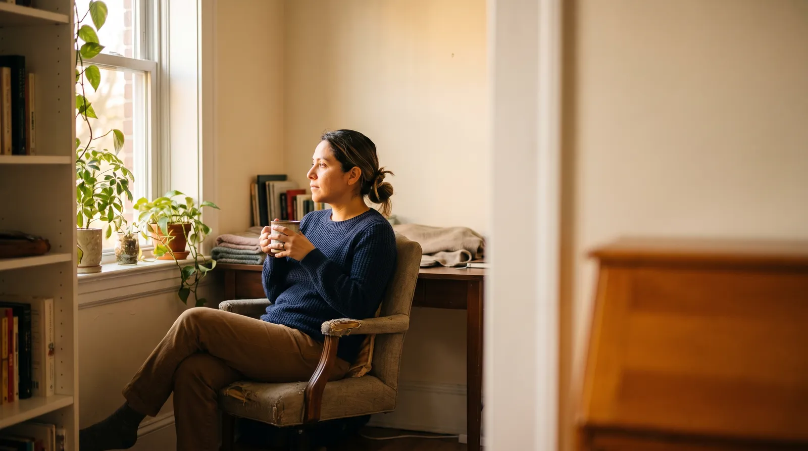 A woman sits in an armchair by a window with a mug, a small writing desk behind her.