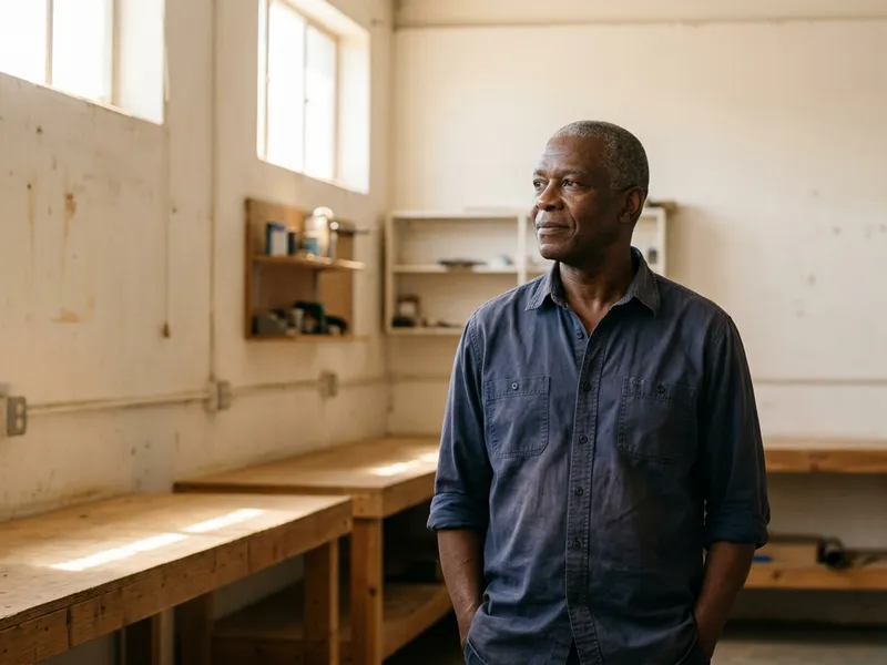 A man in a blue shirt stands alone in an empty workshop, looking towards the window.