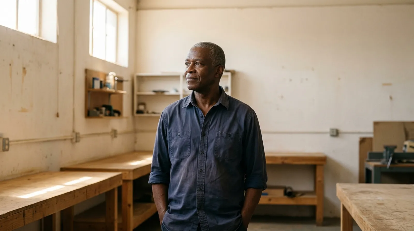 A man in a blue shirt stands alone in an empty workshop, looking towards the window.