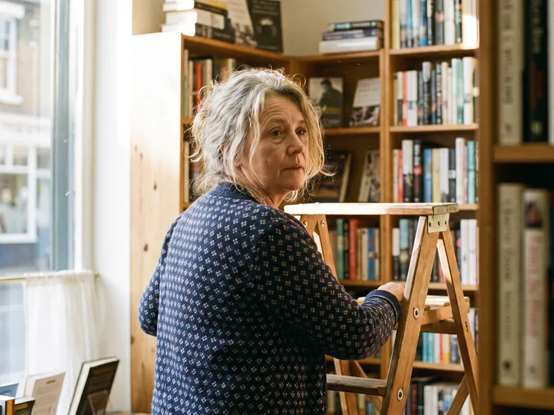 A woman on a step ladder in front of full bookshelves turns to look over her shoulder.
