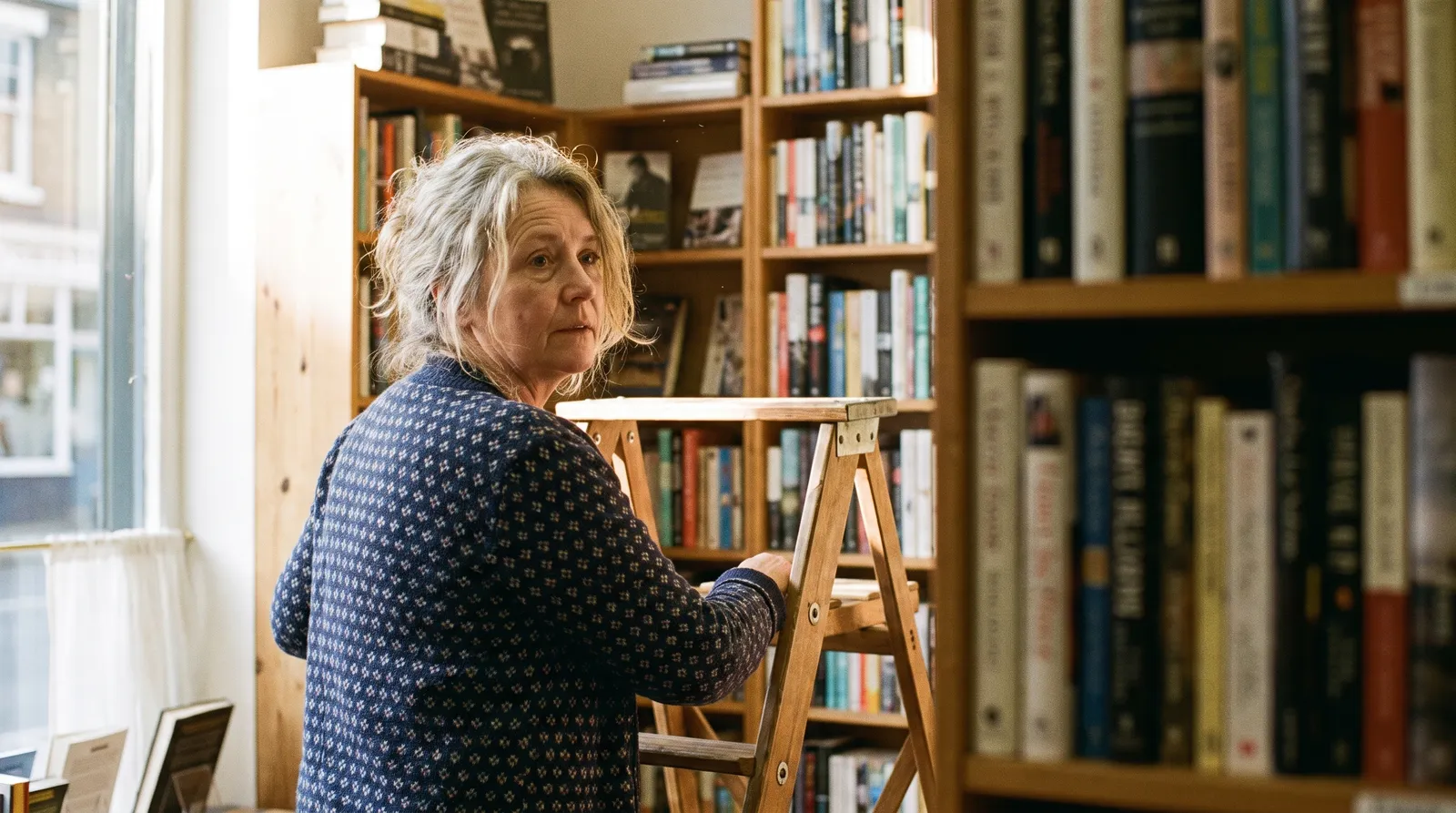 A woman on a step ladder in front of full bookshelves turns to look over her shoulder.