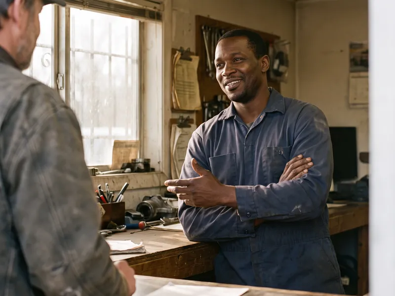 A man leans against a workbench with his arms crossed, talking to someone out of frame.