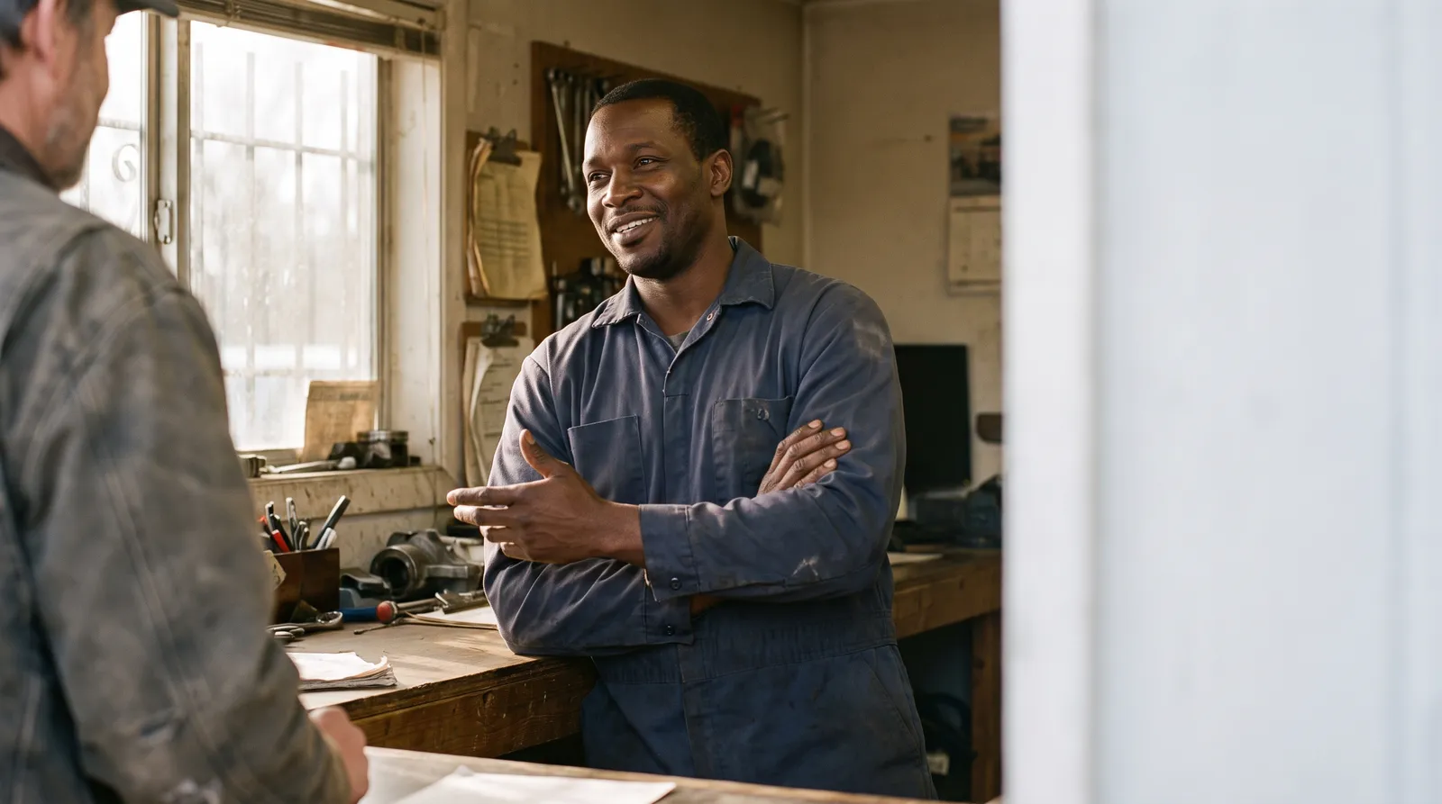 A man leans against a workbench with his arms crossed, talking to someone out of frame.