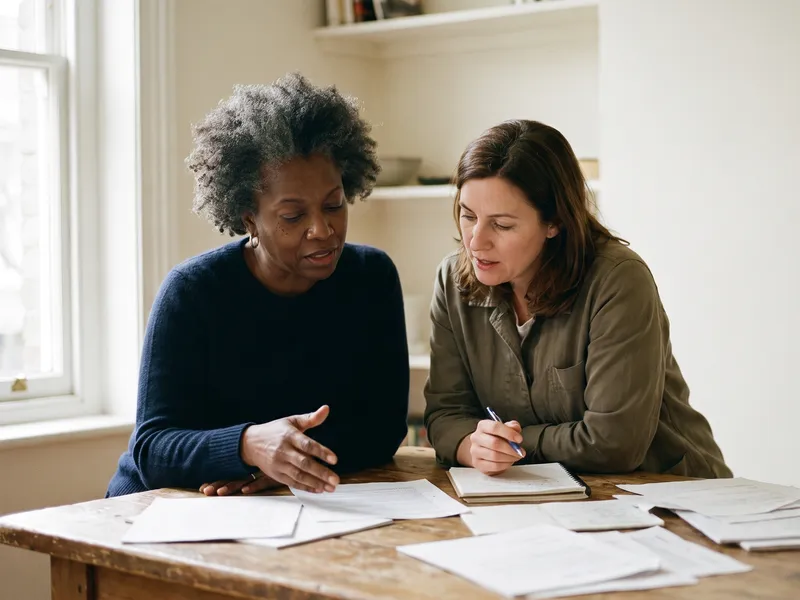 Two women sit at a table covered in paperwork, one talking with her hands, the other taking notes.