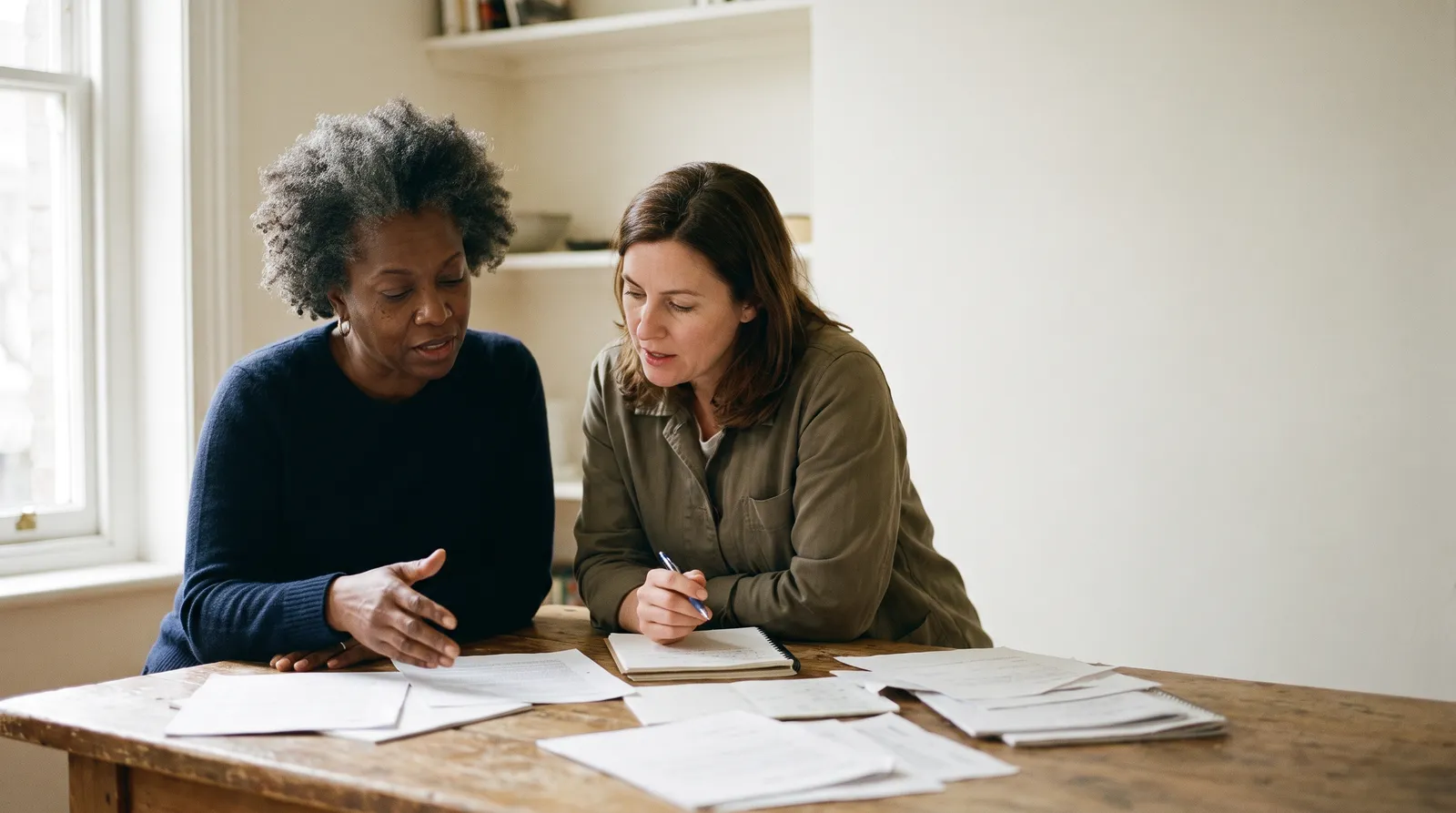 Two women sit at a table covered in paperwork, one talking with her hands, the other taking notes.