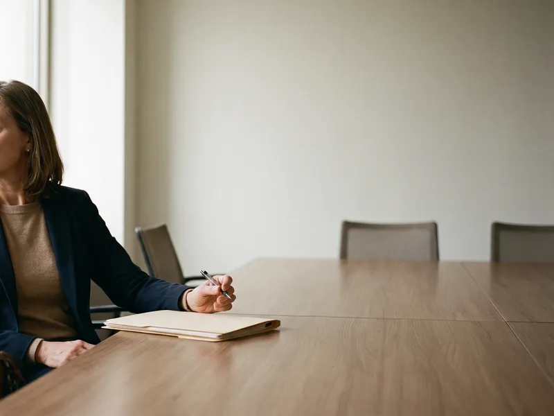 A woman in a blazer sits alone at a long boardroom table with a notepad and pen.