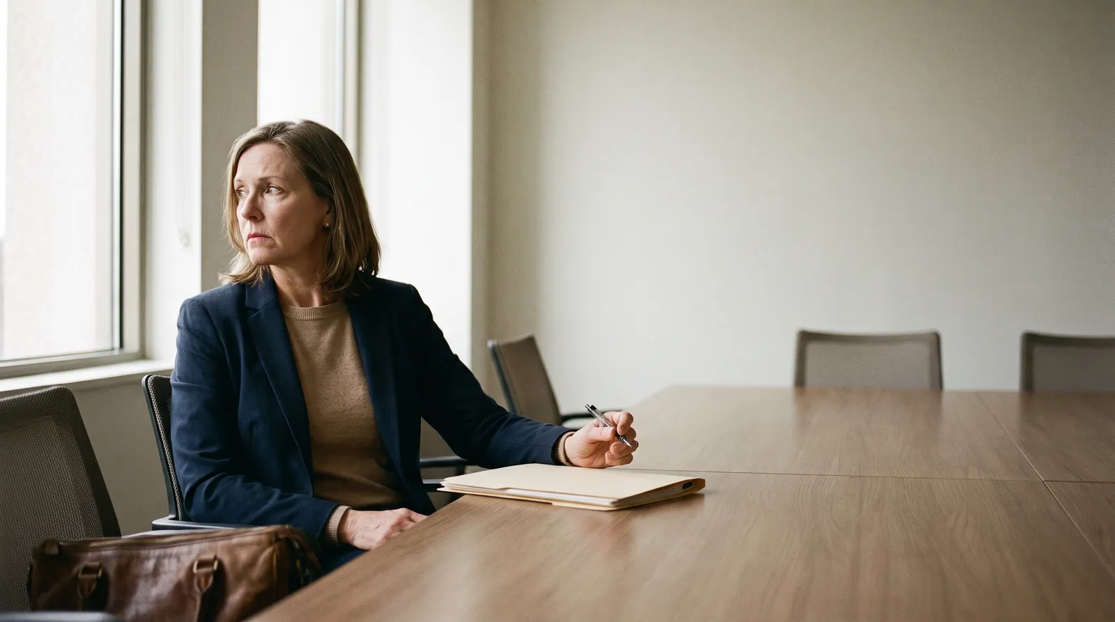A woman in a blazer sits alone at a long boardroom table with a notepad and pen.