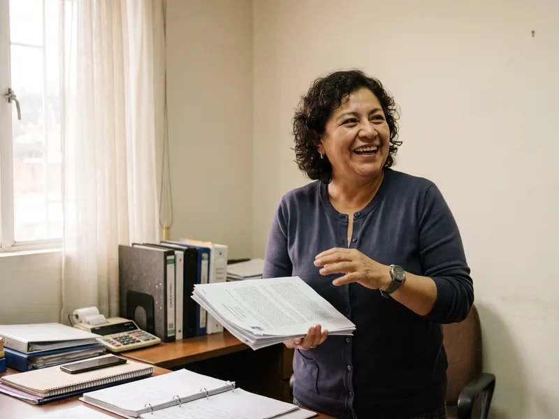 A woman laughs while handing a stapled document to a man standing in her office.