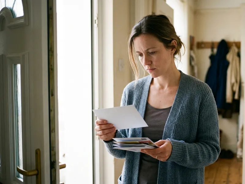 A woman in a grey cardigan stands in a hallway holding an opened letter and a small pile of mail.